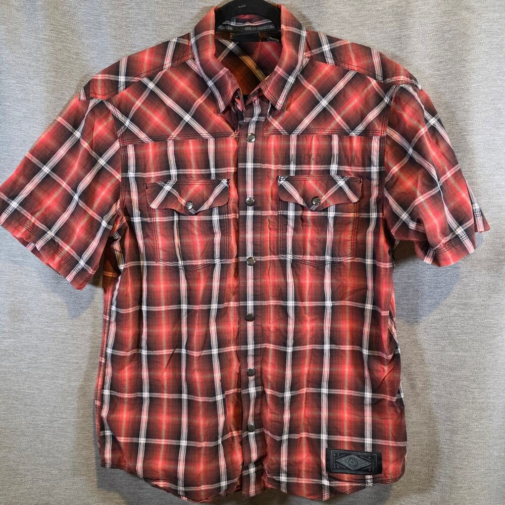 Harley-Davidson Men Sz Lg Graphic Snap Button Pocketed Plaid Shirt Red Orange